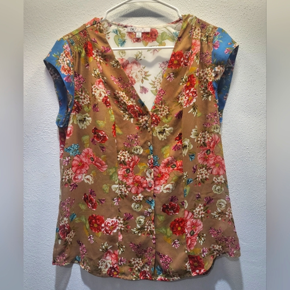 DR2 Mixed Print Patchword Design Tulle Chiffon Floral Blouse Size M